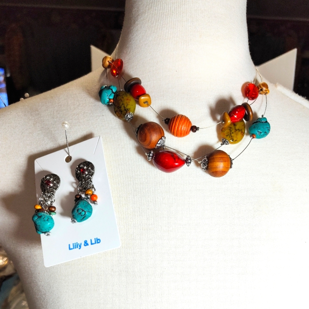 Multicolor Turquoise Beaded Wood Necklace and Earring Set NWOT